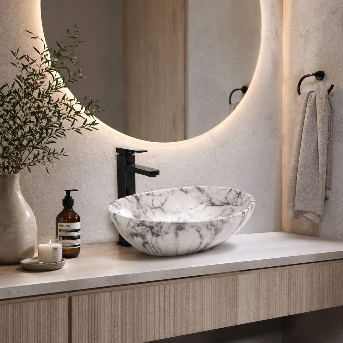 Lavamanos Estadio Oasi Mate 40x33x15 cm Tipo Vessel en Cerámica Marmolizada – Diseño Premium para Baño