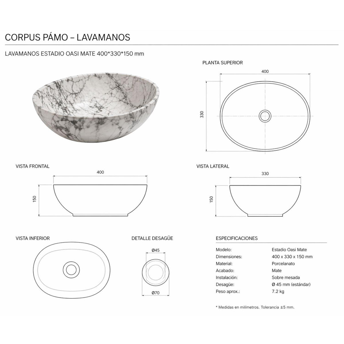 Lavamanos Estadio Oasi Mate 40x33x15 cm Tipo Vessel en Cerámica Marmolizada – Diseño Premium para Baño