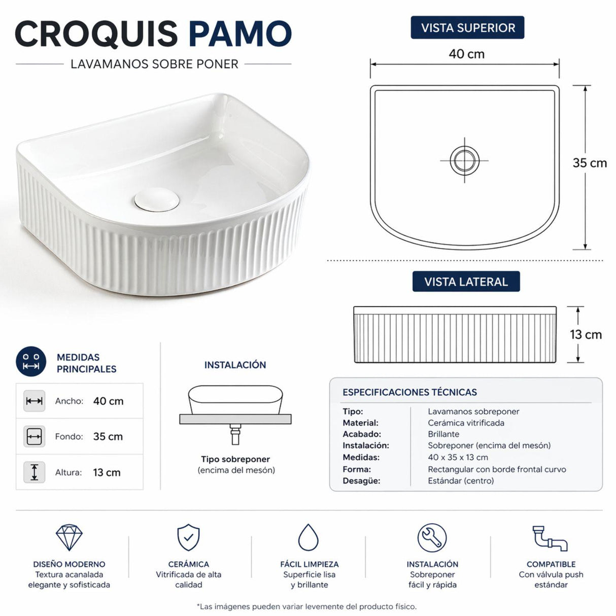 Lavamanos Praga White 40x35x13 cm Sobreponer en Porcelana Vitrificada Blanca – Diseño Moderno Tipo Vessel para Baño