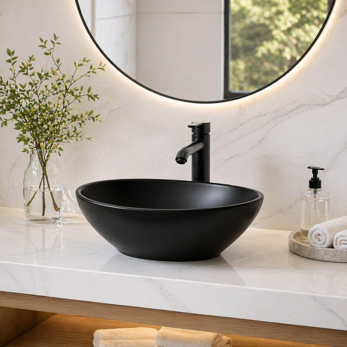 Lavamanos Ovalado Negro Sobreponer en Porcelana Premium – Diseño Moderno Tipo Vessel para Baño Elegante