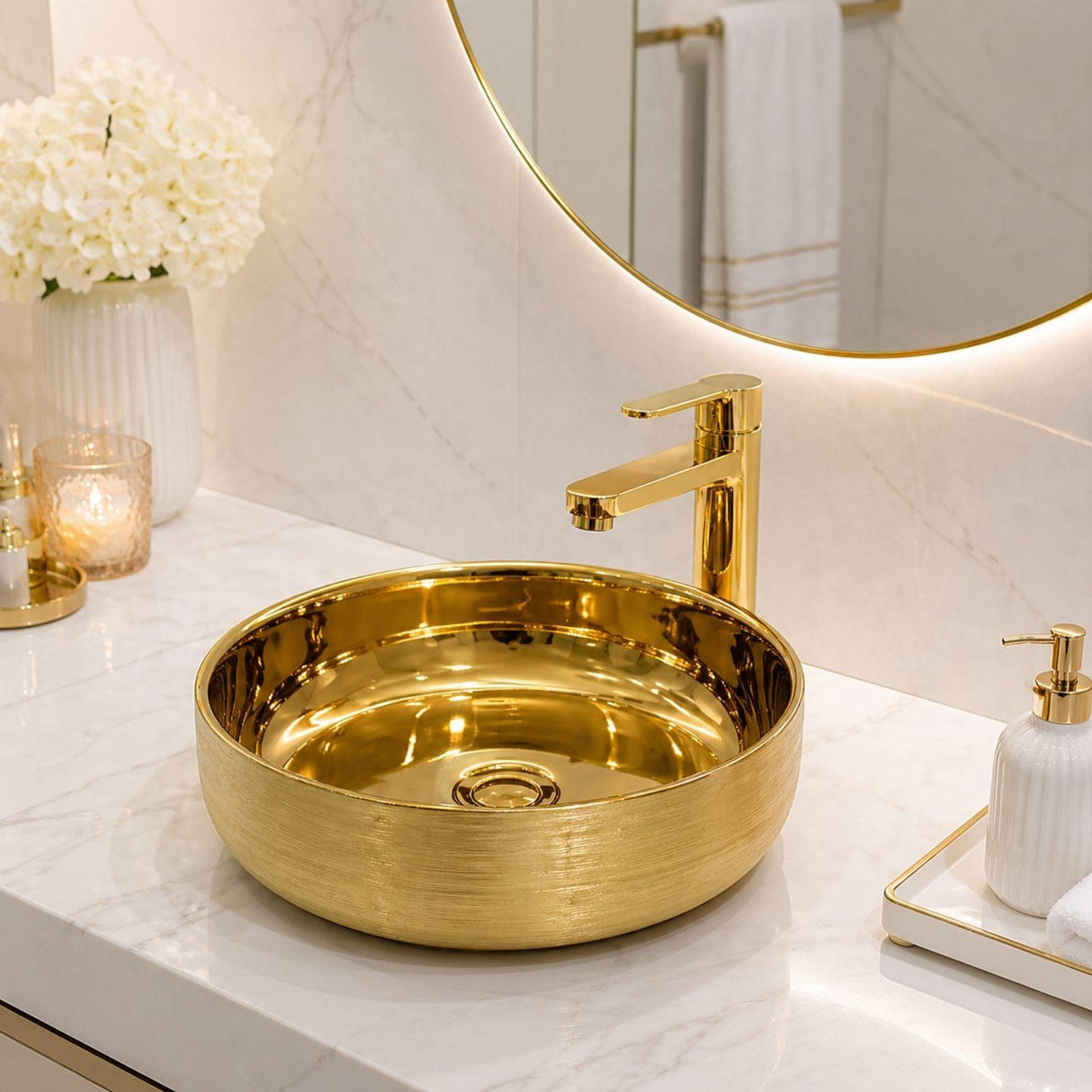 Lavamanos Redondo Dorado Tipo Vessel 36.5 cm | Lavabo Sobreponer Baño Moderno de Lujo
