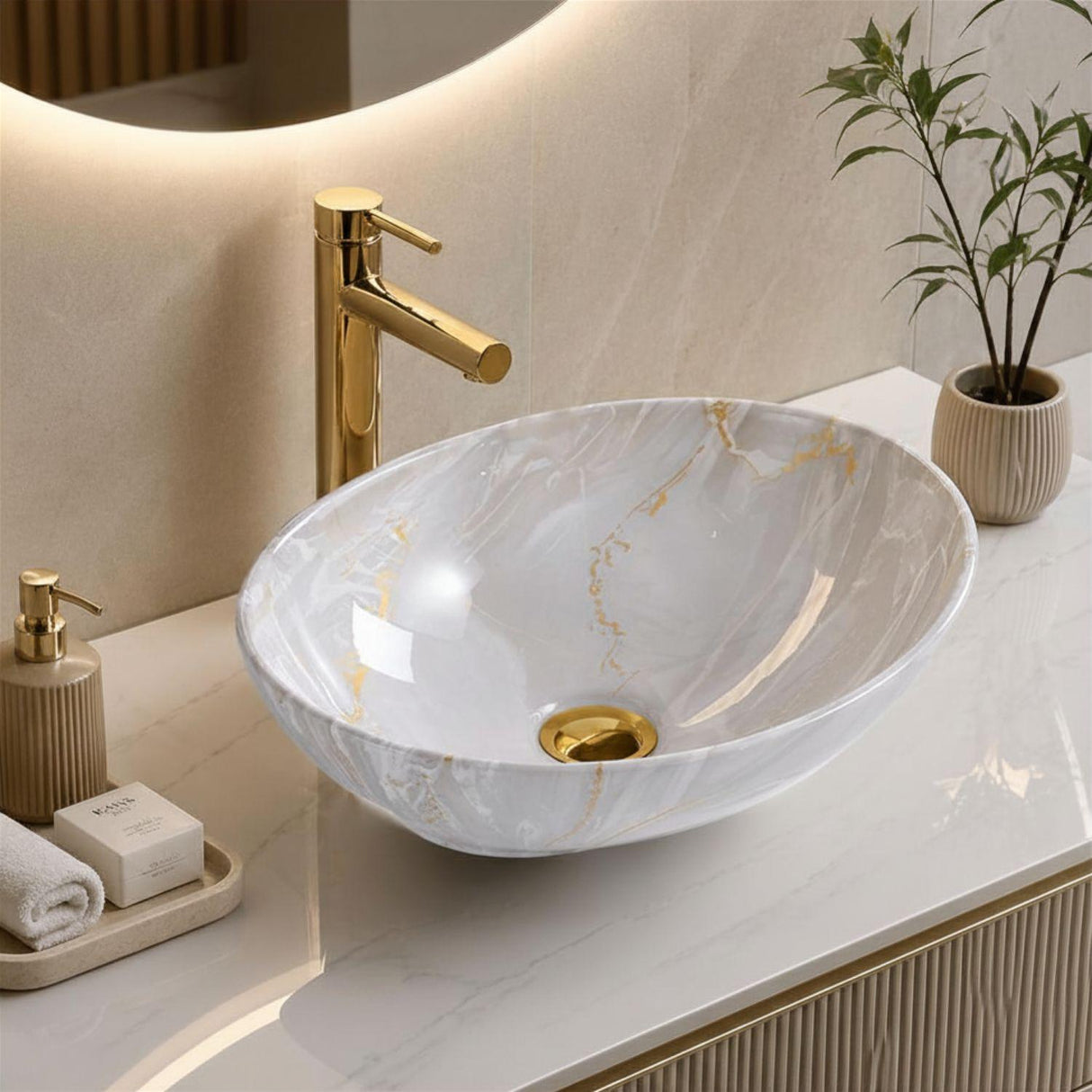 Lavamanos Sobreponer Boscus 40x33x13 cm en Cerámica Tipo Vessel – Acabado Mármol con Vetas Doradas para Baño