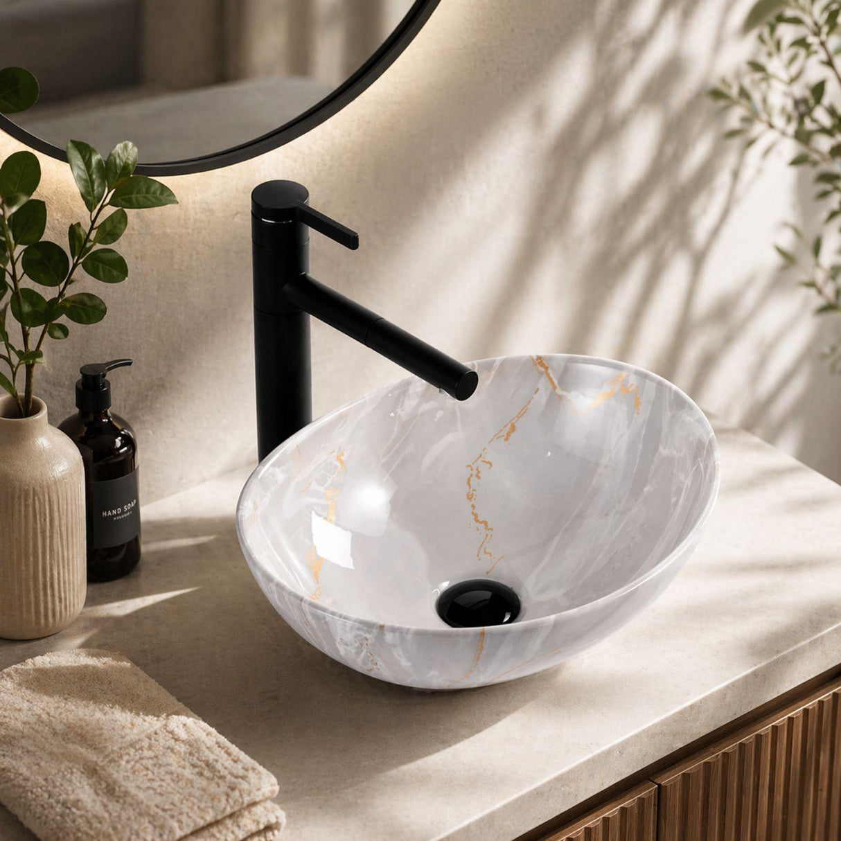 Lavamanos Sobreponer Boscus 40x33x13 cm en Cerámica Tipo Vessel – Acabado Mármol con Vetas Doradas para Baño