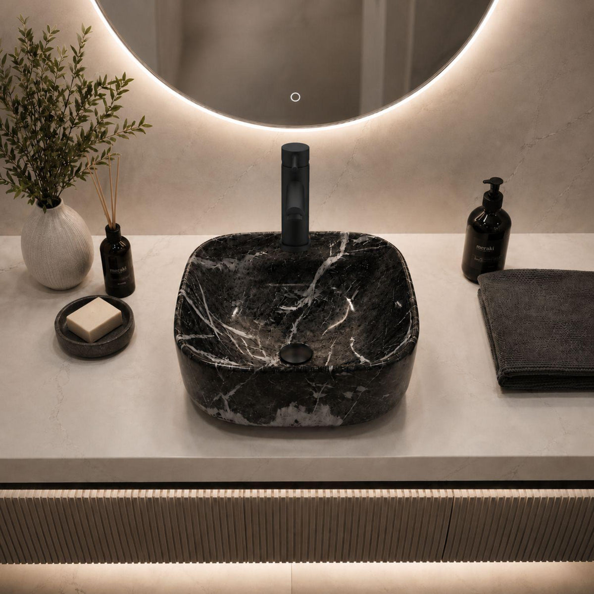 Lavamanos Vessel Cuadrado Negro Mate 42x42 cm Sobreponer Cerámica Premium