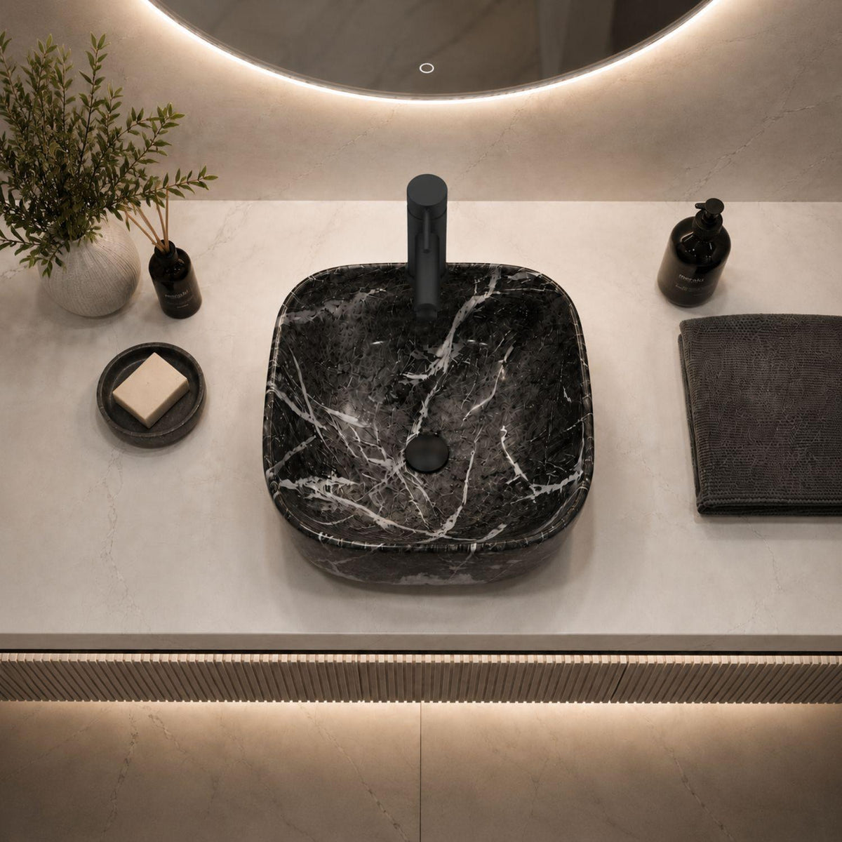 Lavamanos Vessel Cuadrado Negro Mate 42x42 cm Sobreponer Cerámica Premium