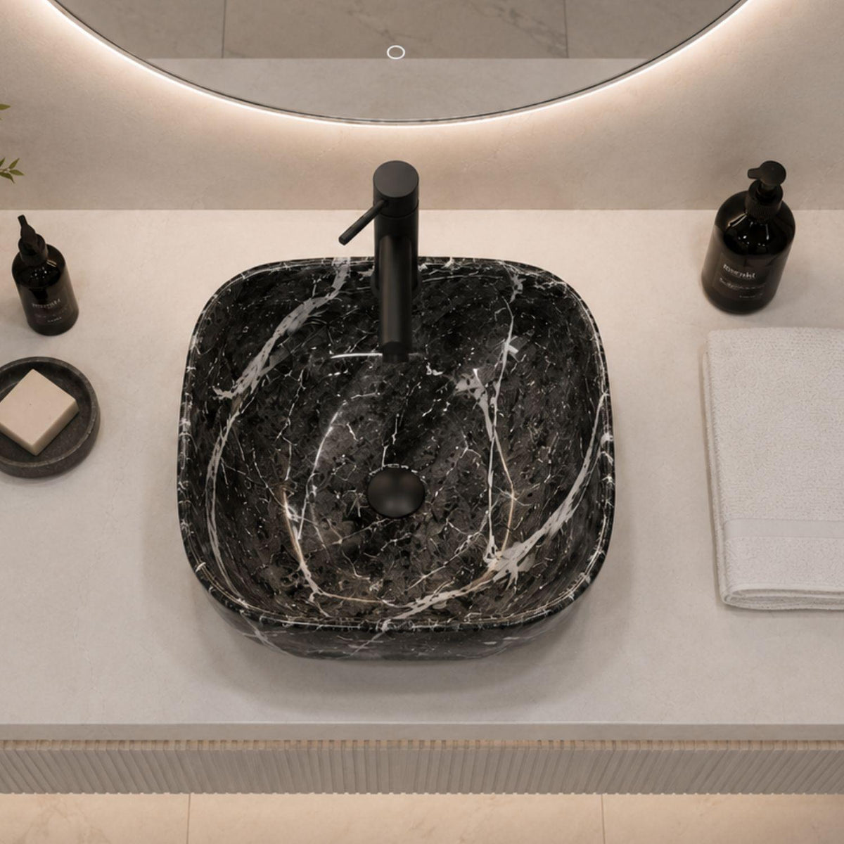 Lavamanos Vessel Cuadrado Negro Mate 42x42 cm Sobreponer Cerámica Premium