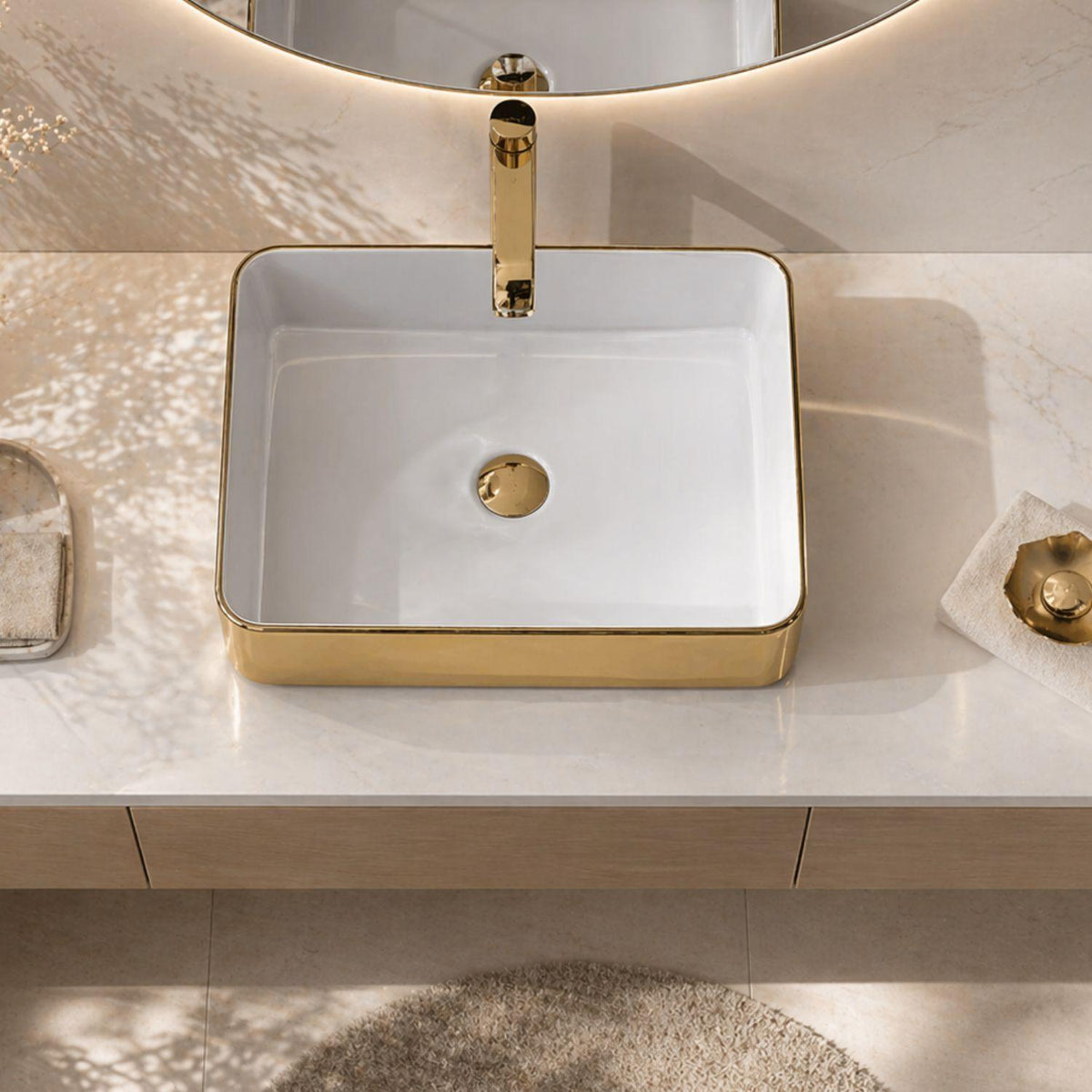 Lavamanos de Porcelana Vitrificada - Interior Blanco y Exterior Dorado