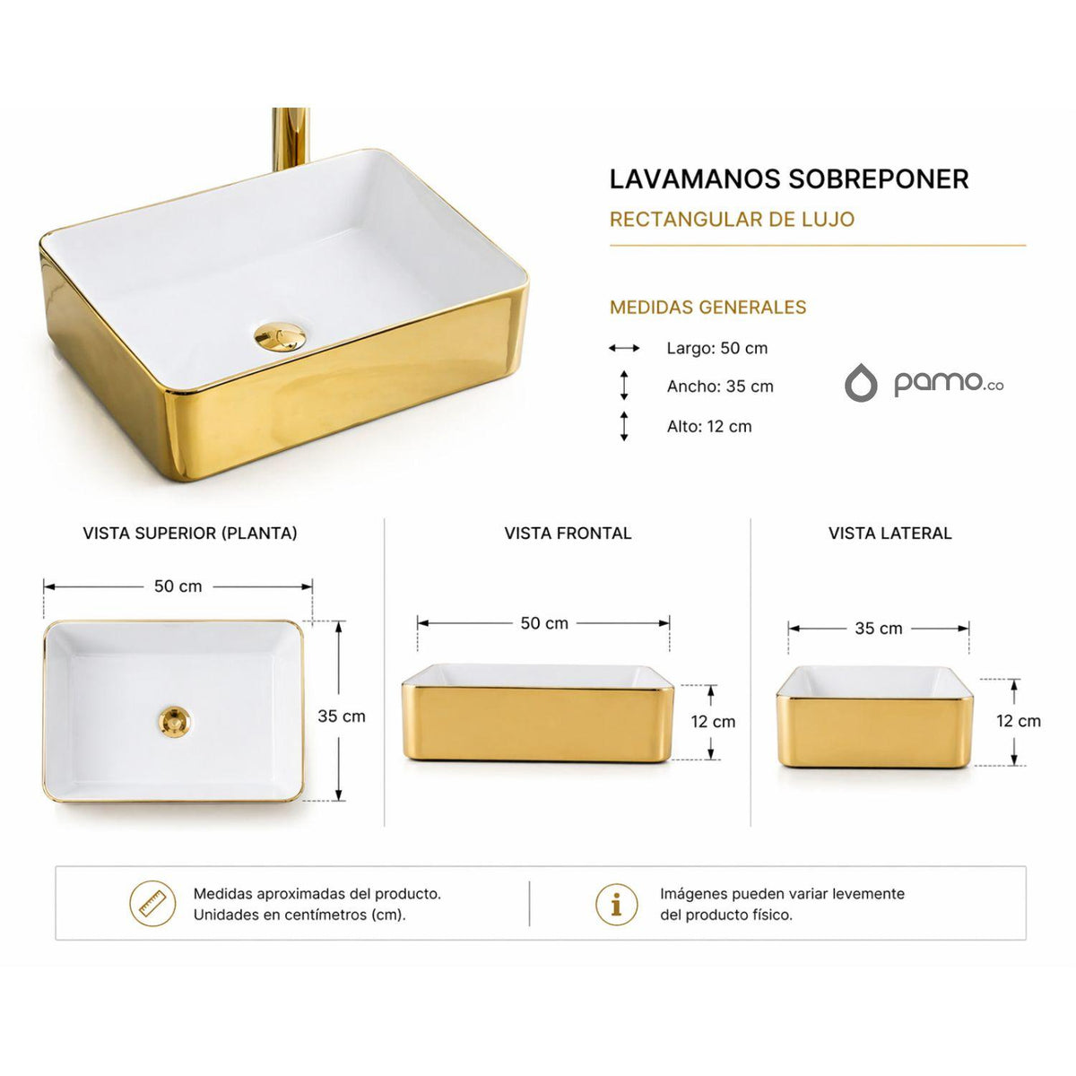 Lavamanos de Porcelana Vitrificada - Interior Blanco y Exterior Dorado