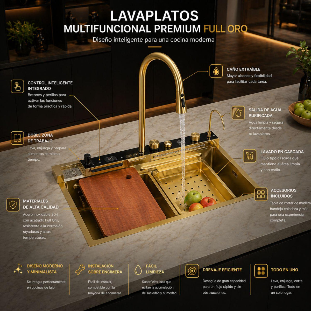 Lavaplatos Inteligente Full Oro 75 x 46 x 21 cm con Lava Vasos