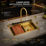 Lavaplatos Inteligente Full Oro 75x46x21 cm con Grifería Multifunción y Lava Vasos Premium
