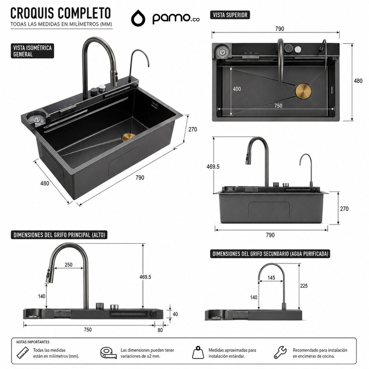 Lavaplatos Inteligente Negro 79x48x27 cm Multifunción – Fregadero Moderno con Cascada, Lava Vasos y Accesorios para Cocina