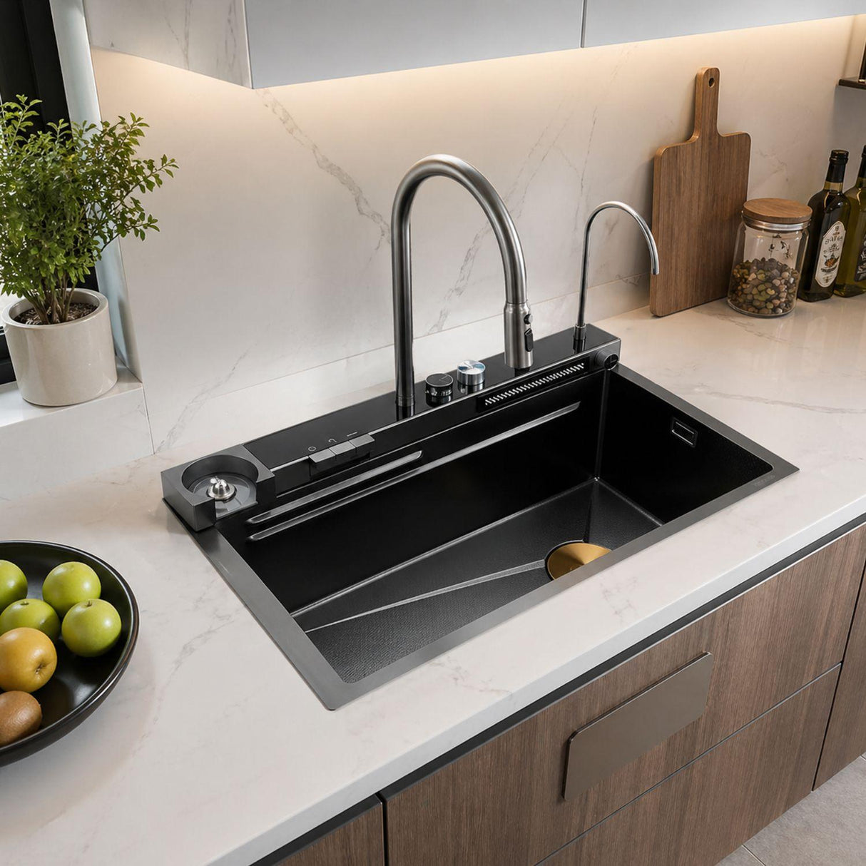 Lavaplatos Inteligente Negro 79x48x27 cm Multifunción – Fregadero Moderno con Cascada, Lava Vasos y Accesorios para Cocina