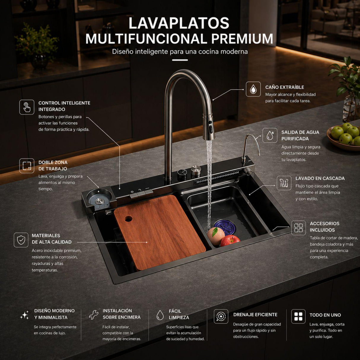 Lavaplatos Inteligente Negro 79x48x27 cm Multifunción – Fregadero Moderno con Cascada, Lava Vasos y Accesorios para Cocina