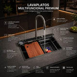 Lavaplatos Inteligente Negro 79x48x27 cm Multifunción – Fregadero Moderno con Cascada, Lava Vasos y Accesorios para Cocina