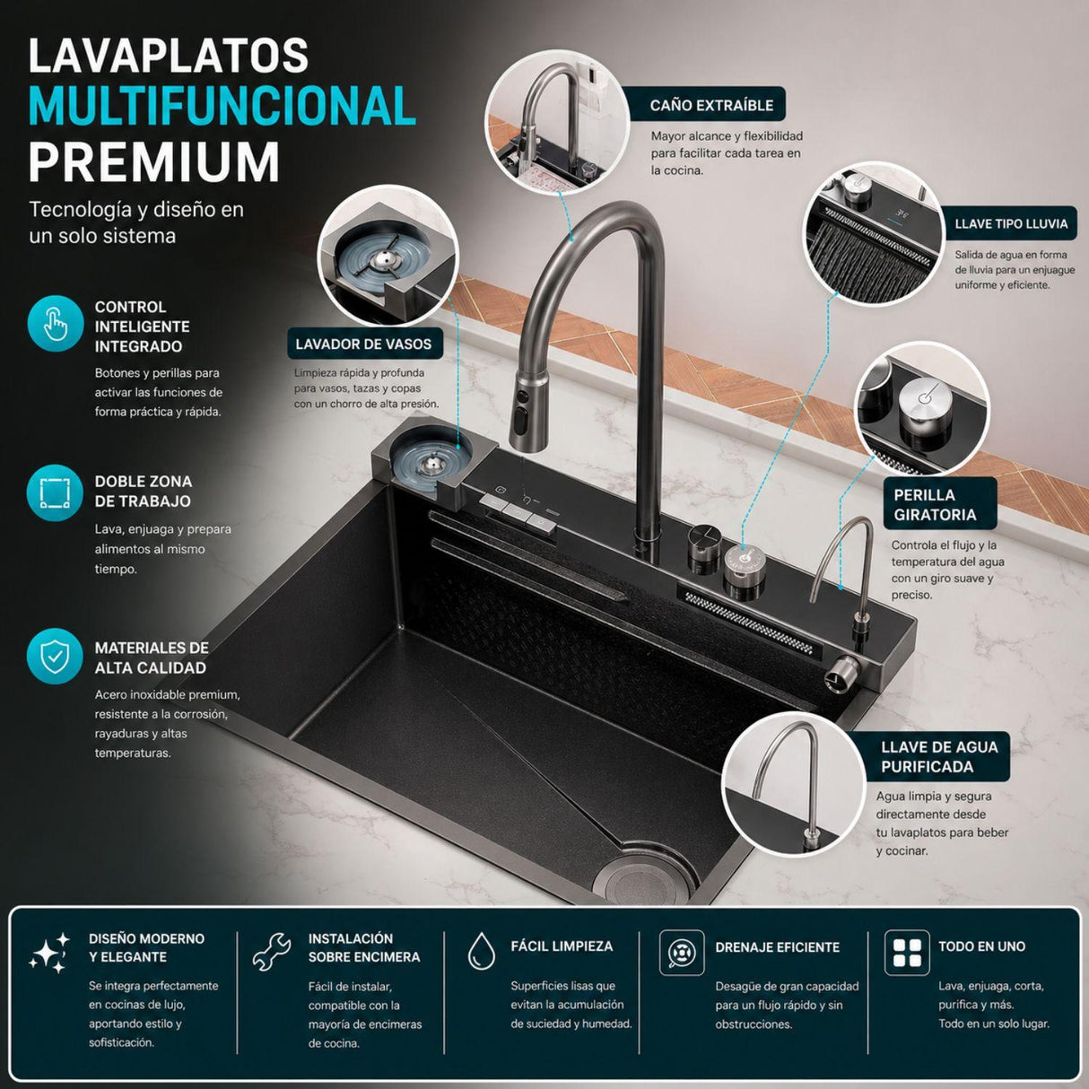 Lavaplatos Inteligente Negro 79x48x27 cm Multifunción – Fregadero Moderno con Cascada, Lava Vasos y Accesorios para Cocina