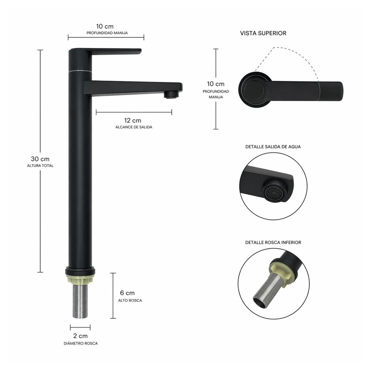 Grifería Lavamanos Alta Lincon Negro Mate para Vessel – Llave Monomando Metálica con Cartucho Cerámico y Filtro