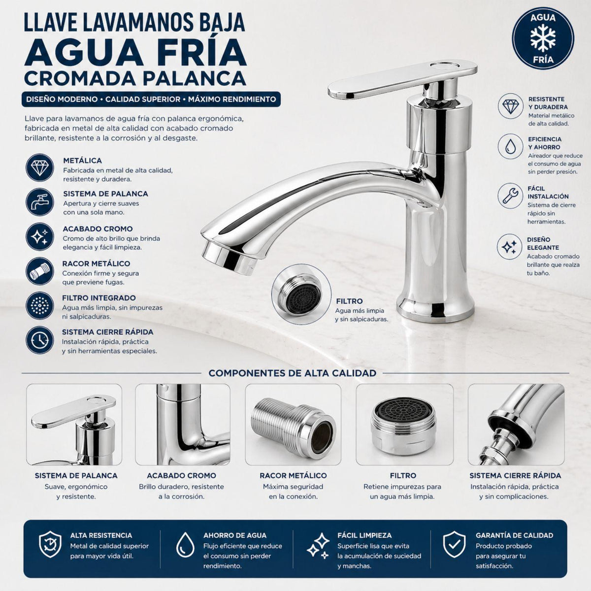Llave Lavamanos Baja Cromada Agua Fría con Palanca | Grifo Compacto Baño Pamo Colombia