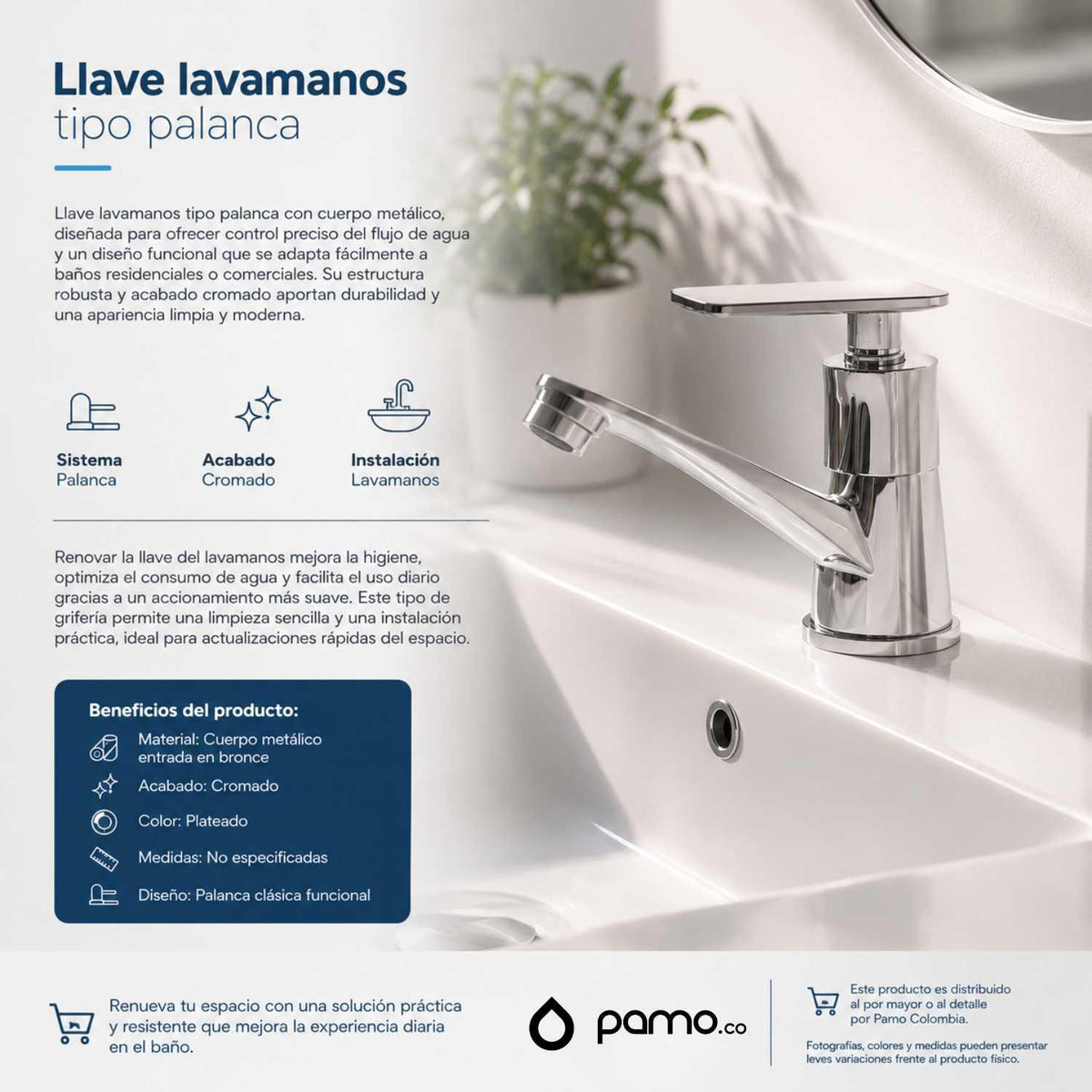 Llave Lavamanos Palanca Cuerpo Metalico Entrada Bronce Color Cromado