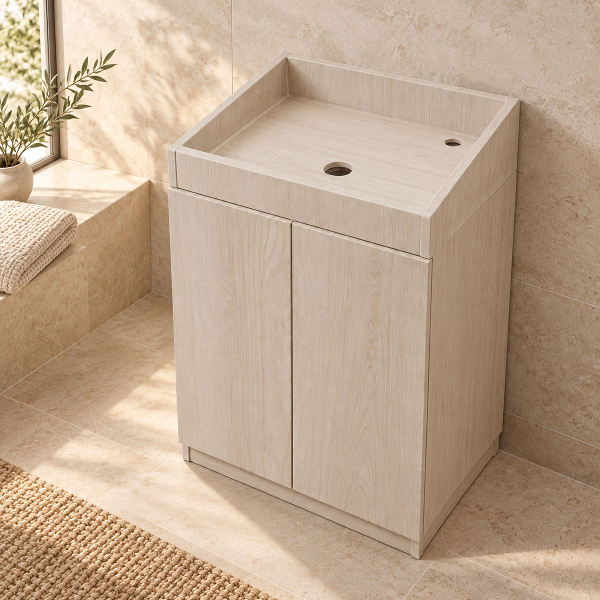 Mueble de baño claro sin lavamanos visto desde un ángulo alto