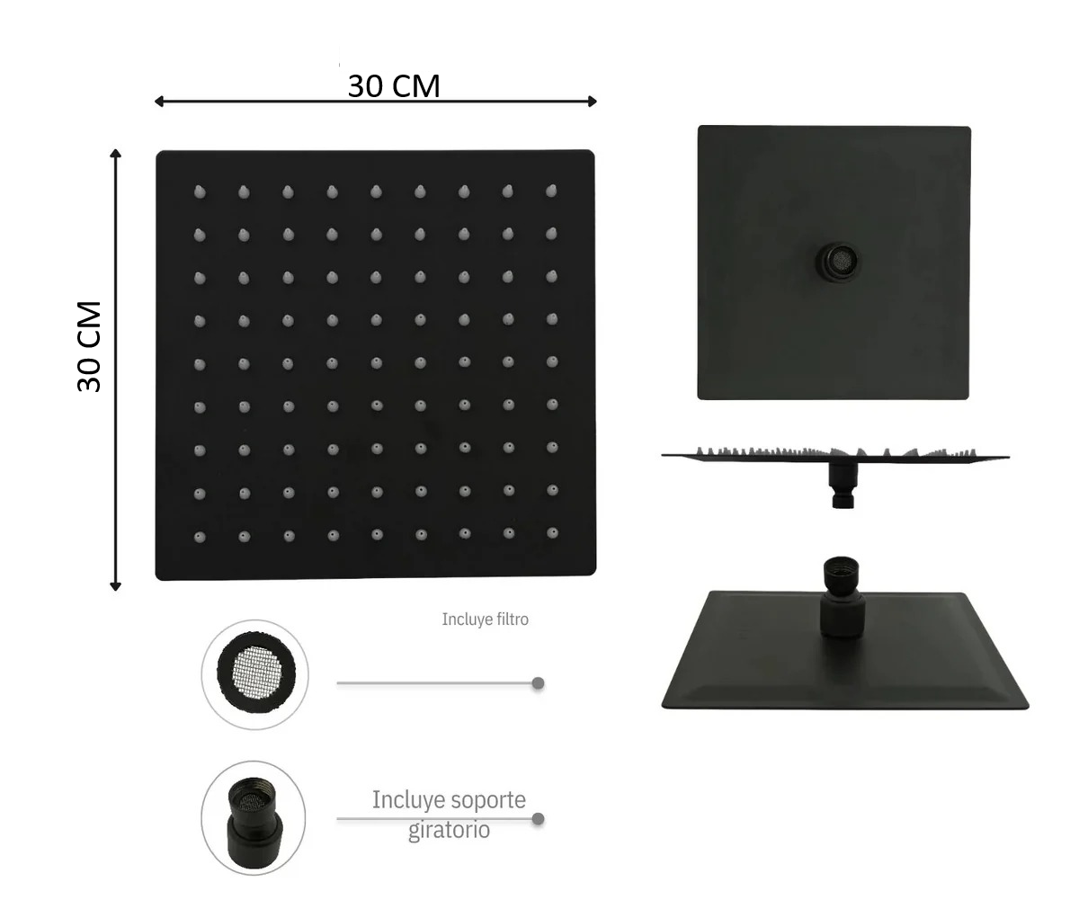 Combo Baño Negro 3 Piezas con Regadera Cuadrada 30 cm, Tubo Tipo L 40 cm y Rejilla Antiolores 10 x 10 cm