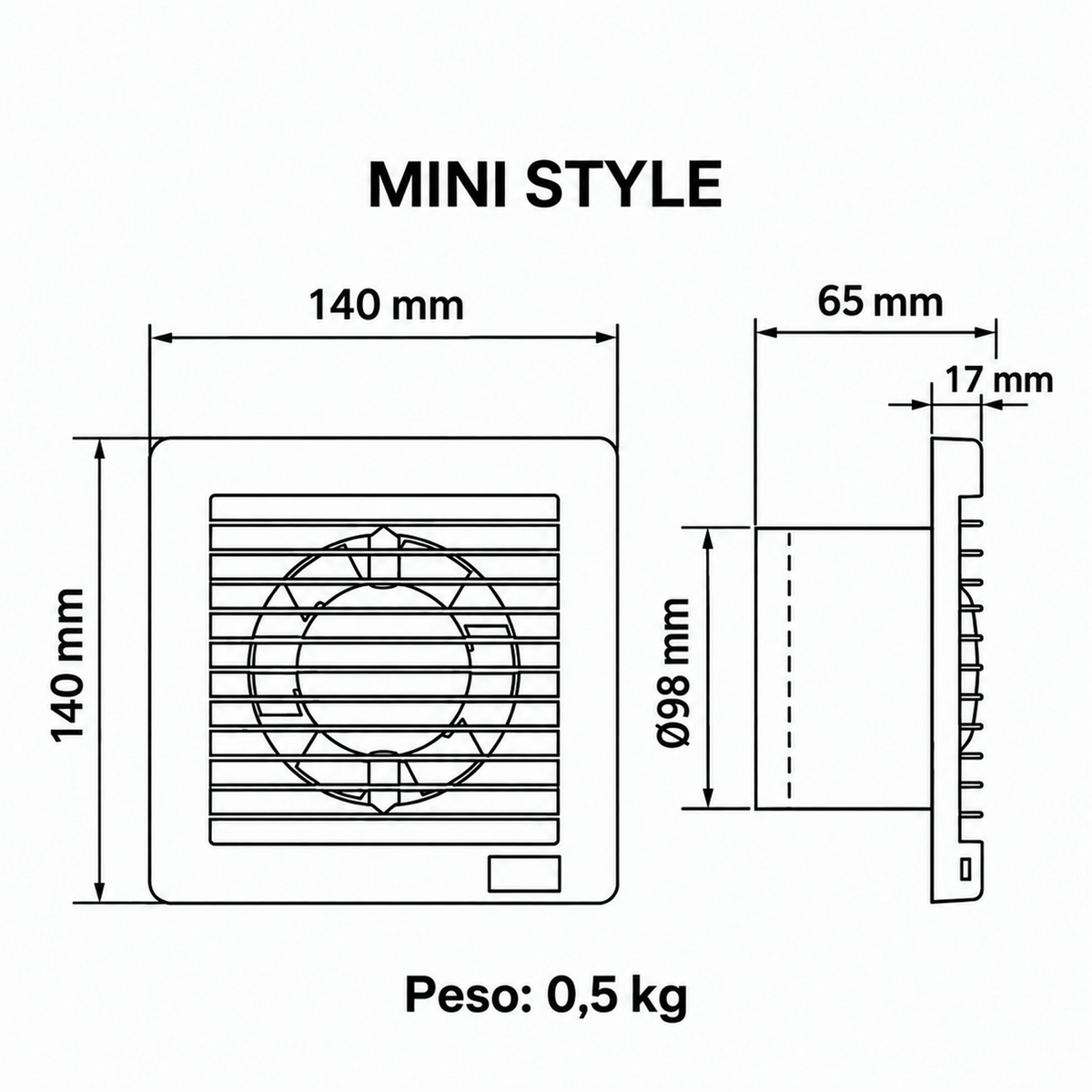 Medidas y dimensiones del extractor MINI STYLE TIMER MAICO