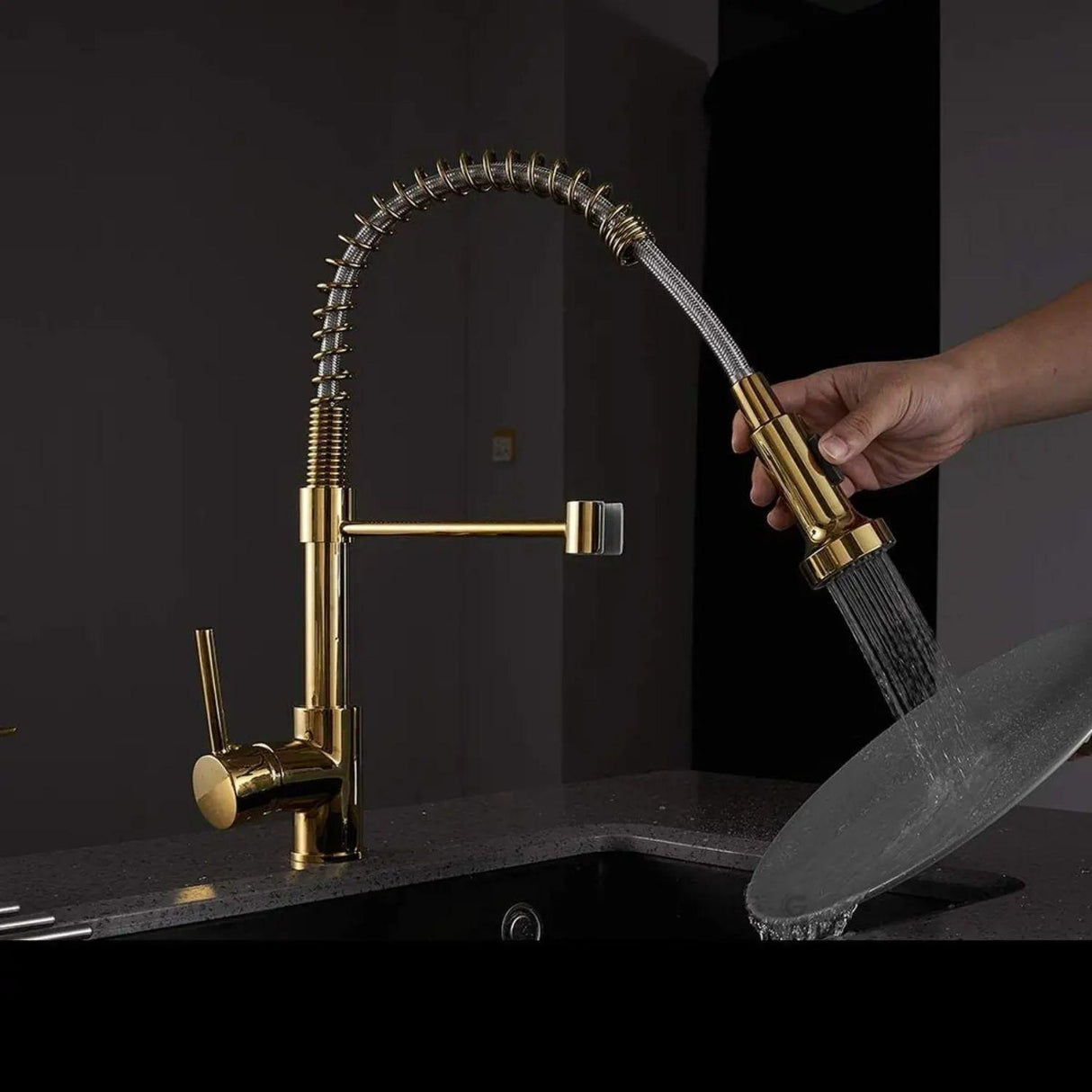 Grifería Monocontrol Lavaplatos Flexible Oro Tipo Chef Extraíble Premium