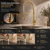 Grifería Monocontrol Lavaplatos Flexible Oro Tipo Chef Extraíble Premium