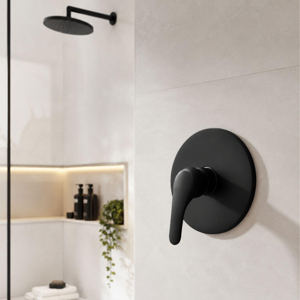 Griferia Ducha Monocontrol Redonda Negra Mate | Registro de Palanca Moderno para Baño Premium