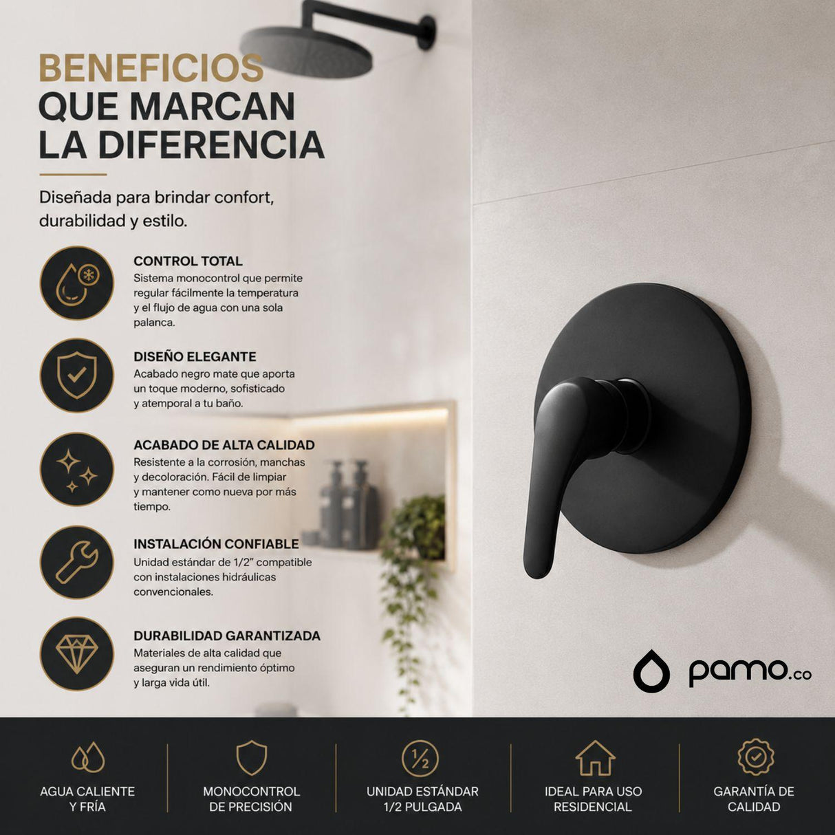 Griferia Ducha Monocontrol Redonda Negra Mate | Registro de Palanca Moderno para Baño Premium