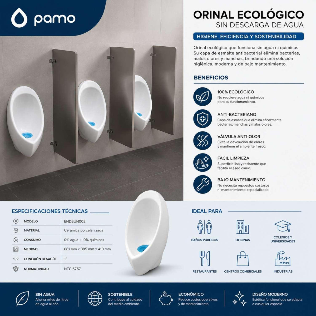 Orinal ecológico institucional sin agua bajo mantenimiento y libre de olores
