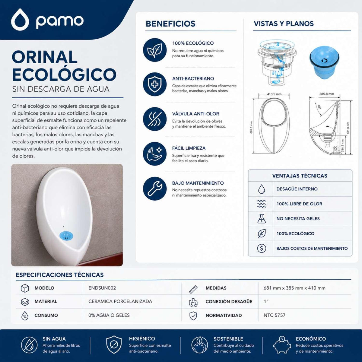 Orinal ecológico institucional sin agua bajo mantenimiento y libre de olores