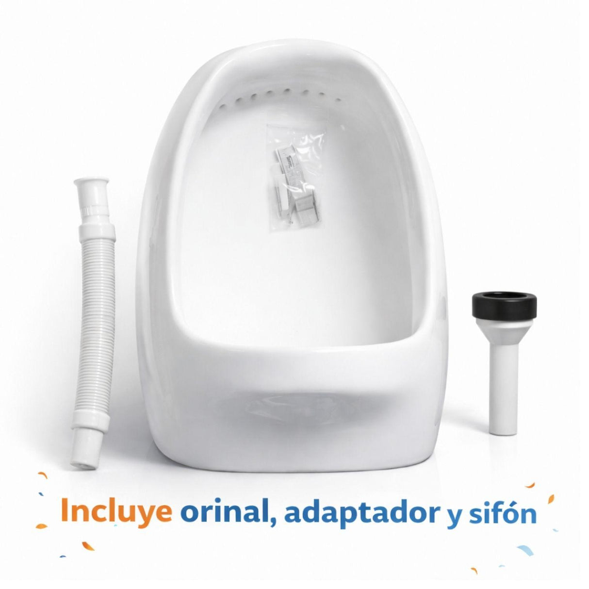 Orinal en Porcelana Blanco de Pared con Adaptador y Sifón | Urinario Cerámico Valdini