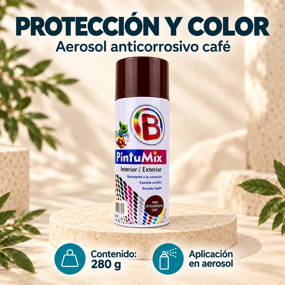 Pintura en aerosol anticorrosiva café 280 g · 03 caracteristicas