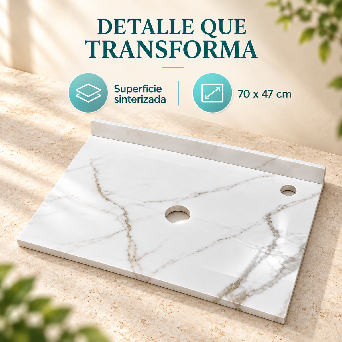 Placa Sinterizada Blanca Para Lavamanos 70 X 47 Cm - detalle