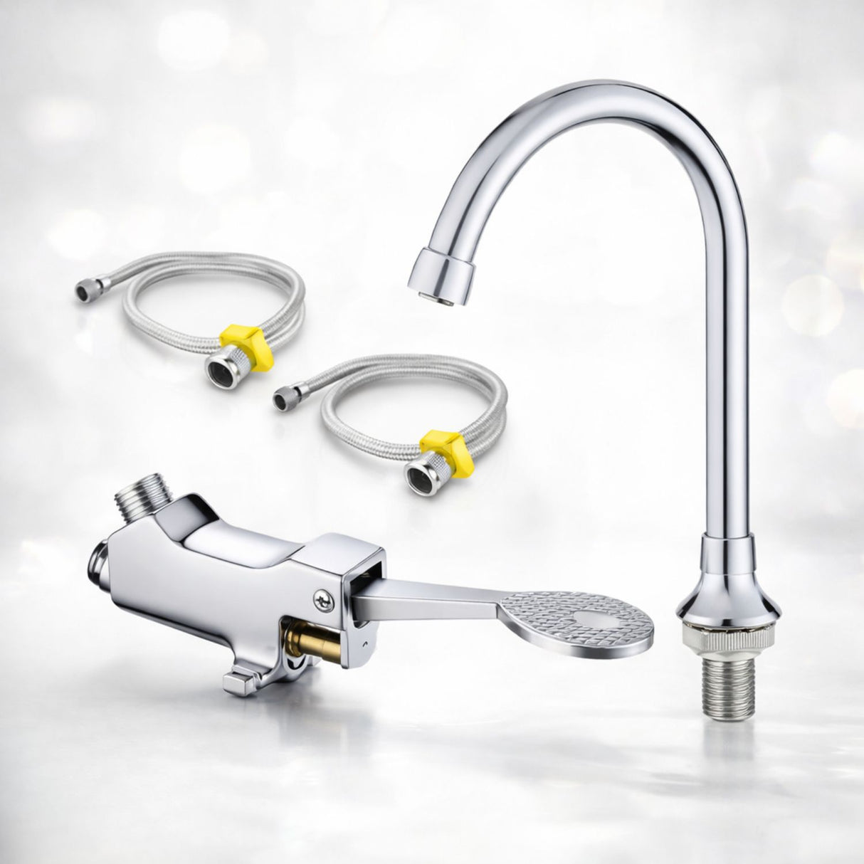 Kit Válvula Pedal Manos Libres para Lavamanos Alto Tráfico Institucional con Cuello y Mangueras