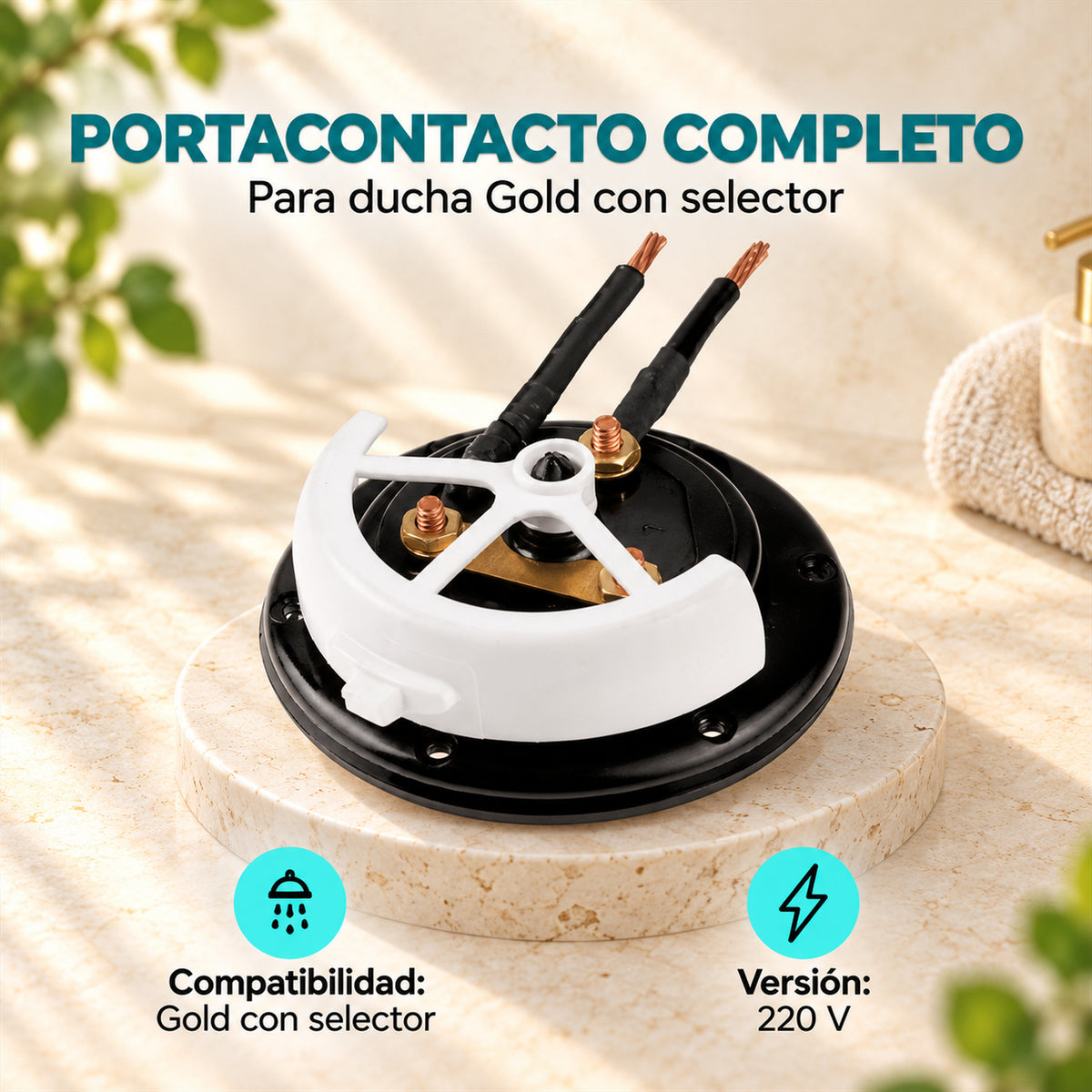 Portacontacto completo para ducha Gold con selector 220 V — compatibilidad y voltaje