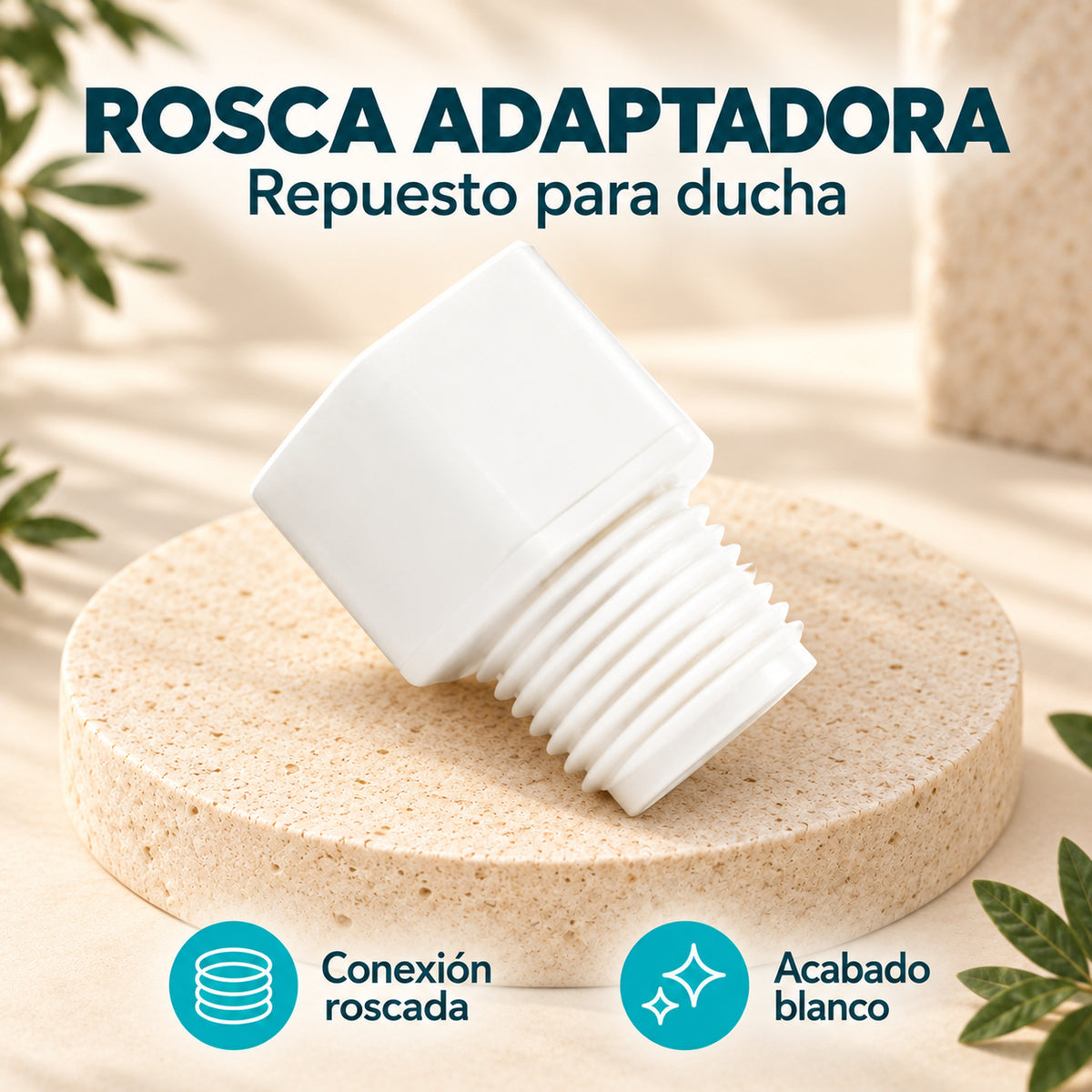 Rosca adaptadora blanca para ducha · 03 caracteristicas