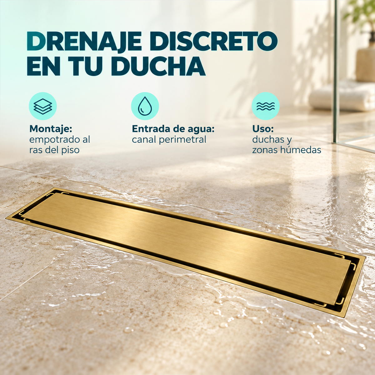 Rejilla oro cepillado empotrada al ras del piso con canal perimetral para drenaje