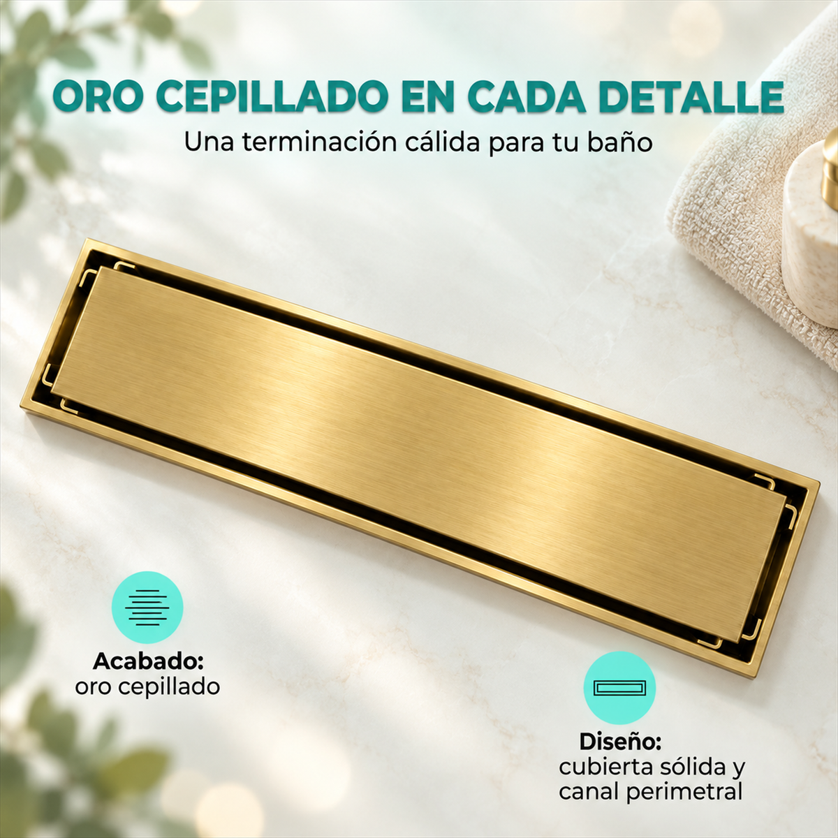 Detalle del acabado oro cepillado y del canal perimetral de la rejilla