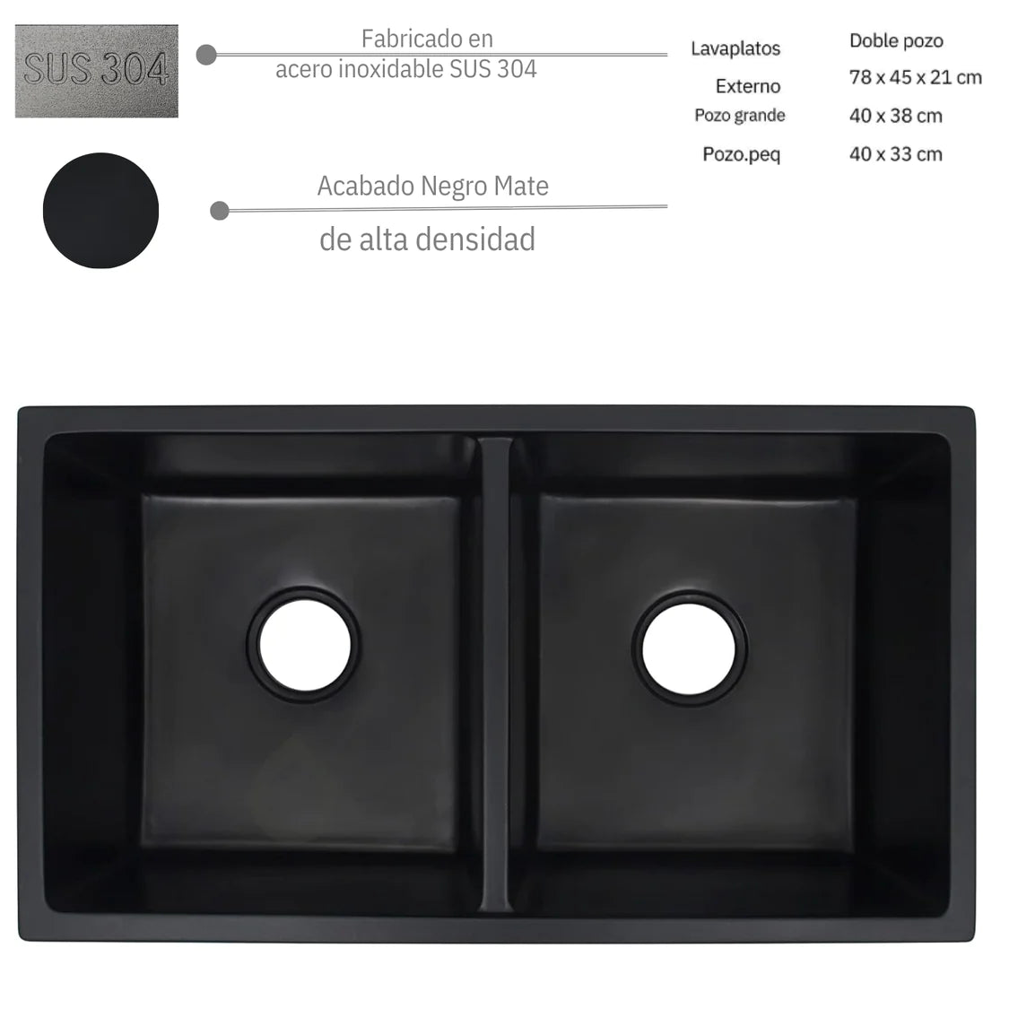 Lavaplatos De Lujo Doble Poceta En Acero Inoxidable SUS 304 - 78x45x21 cm - Instalación Bajo y Sobre Mesón - Incluye Canastillas y Sifón
