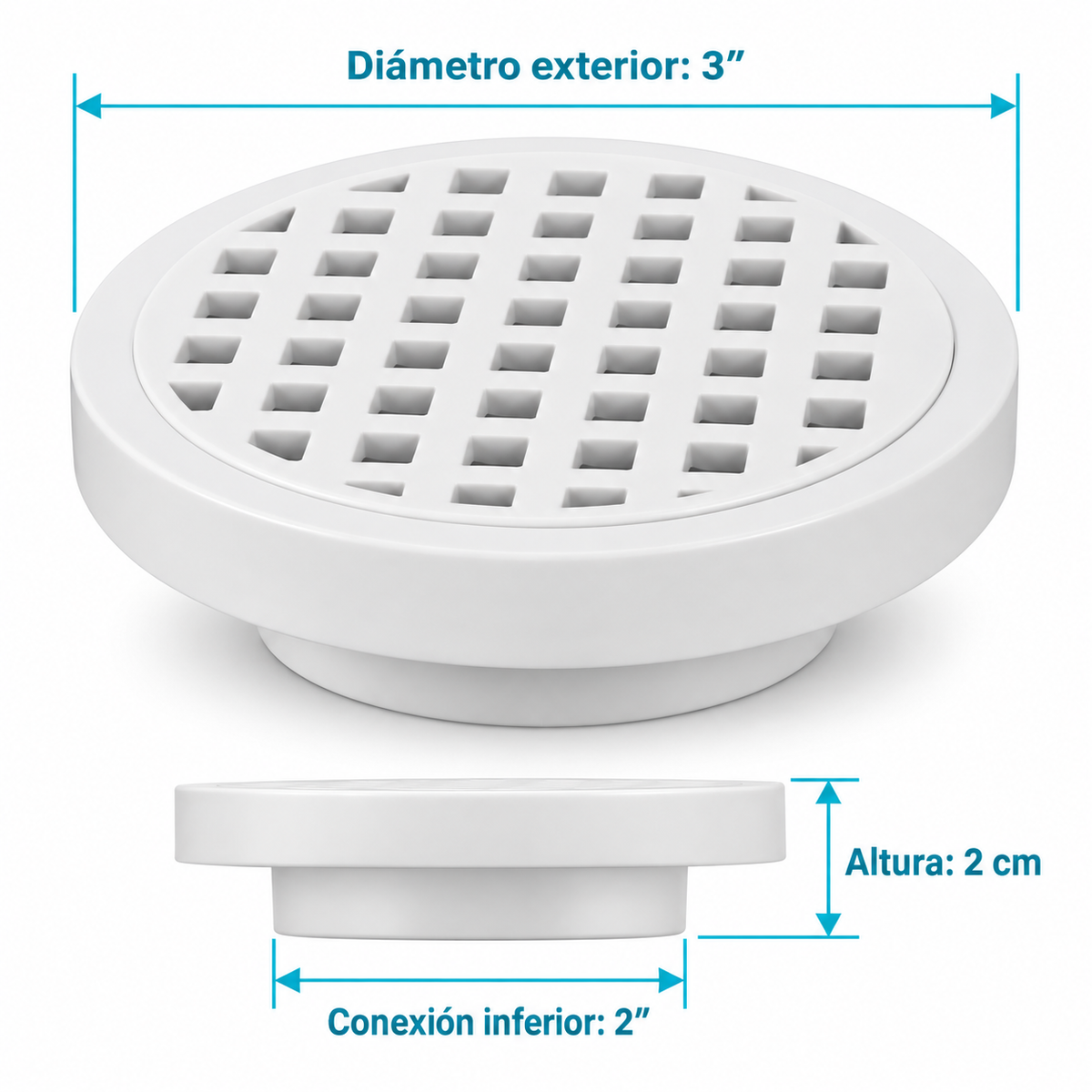Medidas confirmadas: diámetro exterior 3 pulgadas, conexión 2 pulgadas y altura 2 cm