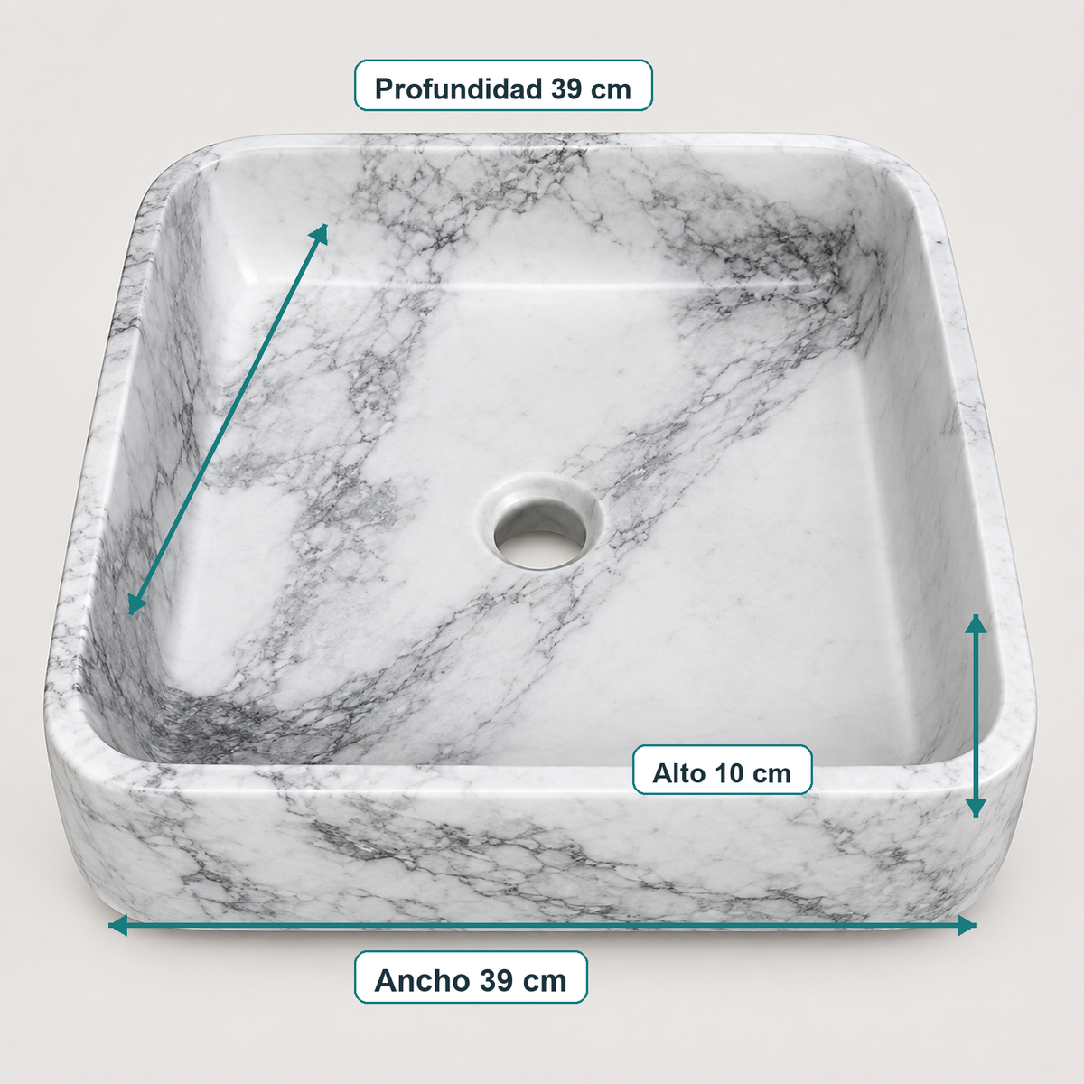Lavamanos De Sobreponer Rectangular Carrara 39 x 39 x 10 cm — medidas