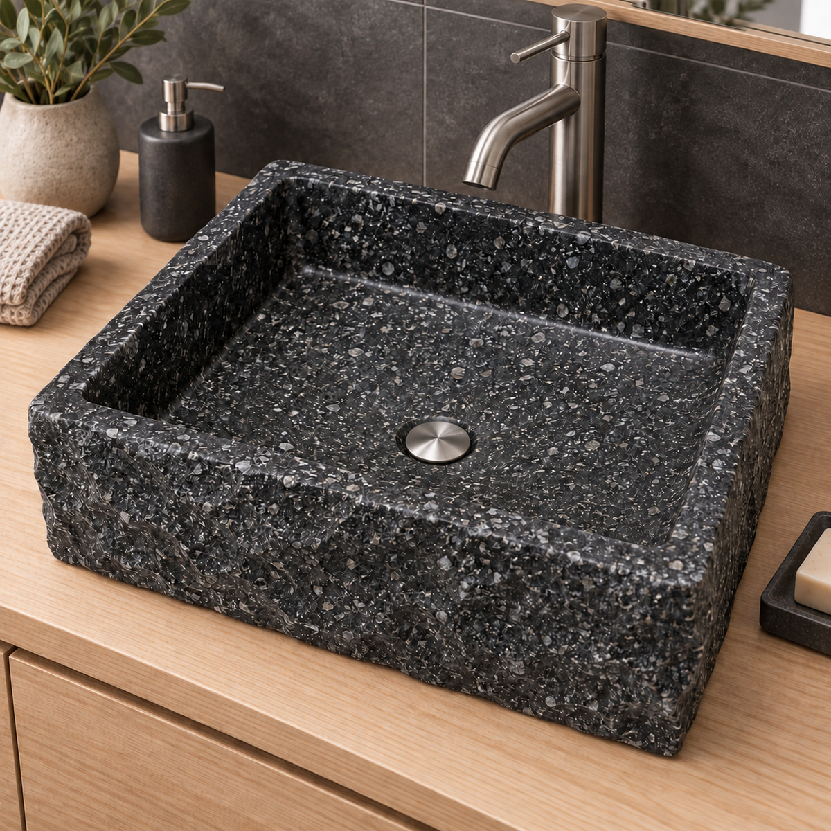 Lavamanos Vulcano Negro RS064 en baño con tapa de desagüe ilustrativa
