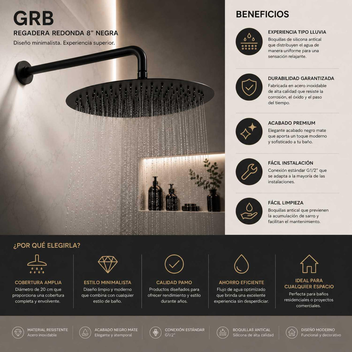 Regadera Redonda Negra 20 cm Acero Inoxidable con Tubo 35 cm y Escudo | Ducha Tipo Lluvia Moderna Premium para Baño