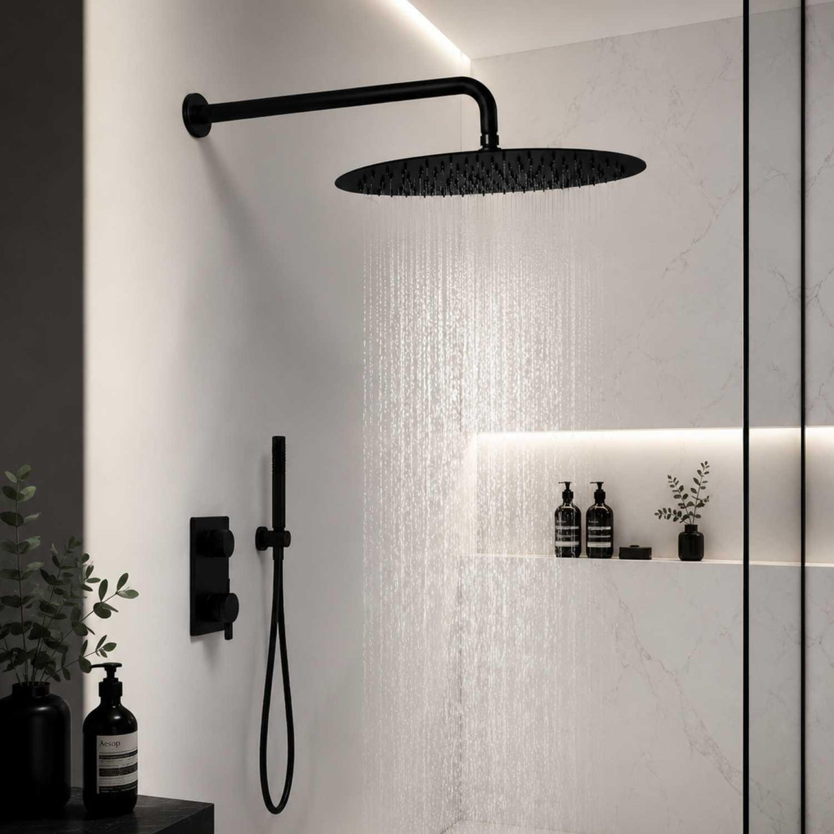 Regadera Redonda Negra 20 cm Acero Inoxidable con Tubo 35 cm y Escudo | Ducha Tipo Lluvia Moderna Premium para Baño