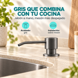 Detalle comercial del dispensador gris instalado sobre mesón
