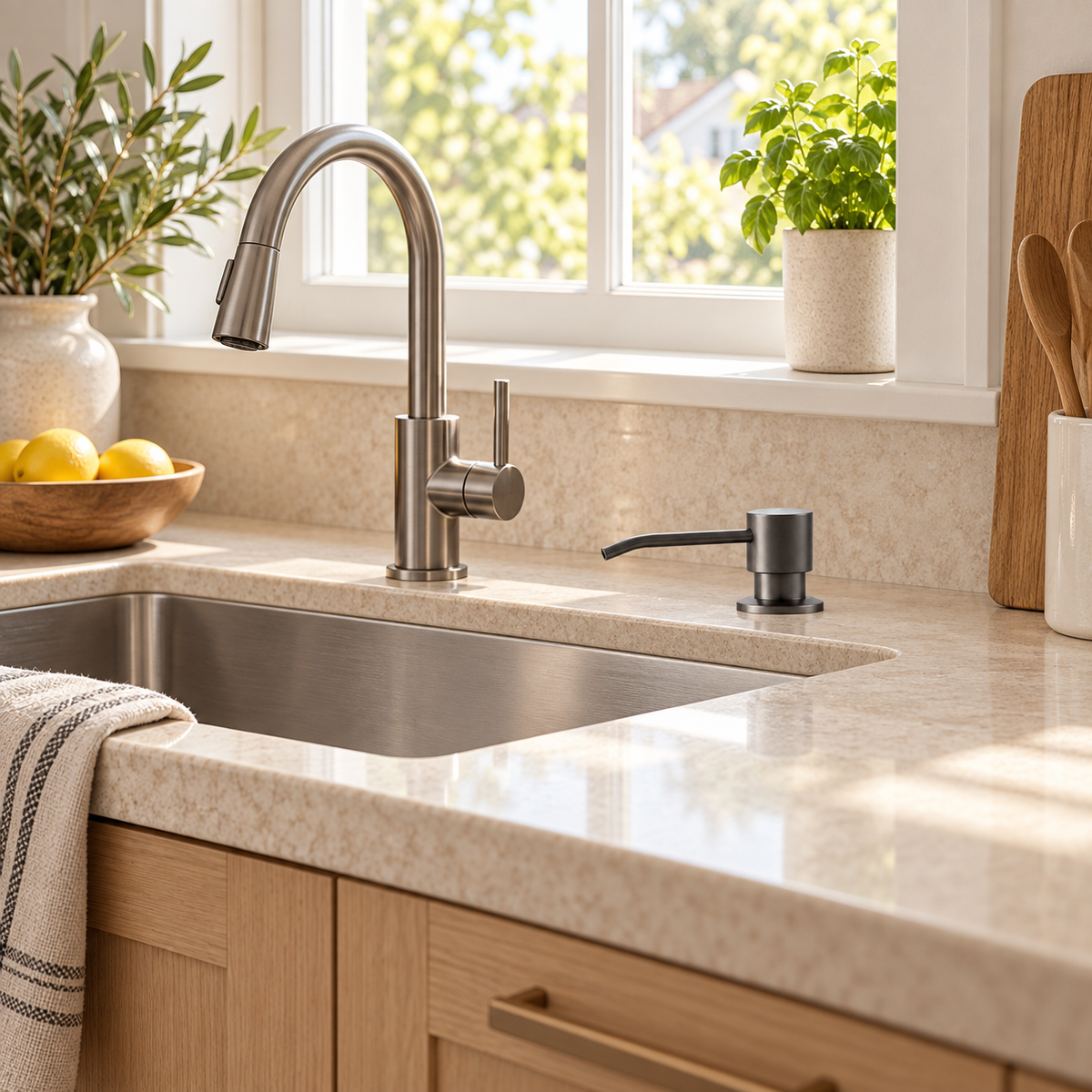 Dispensador gris instalado en cocina con vista amplia