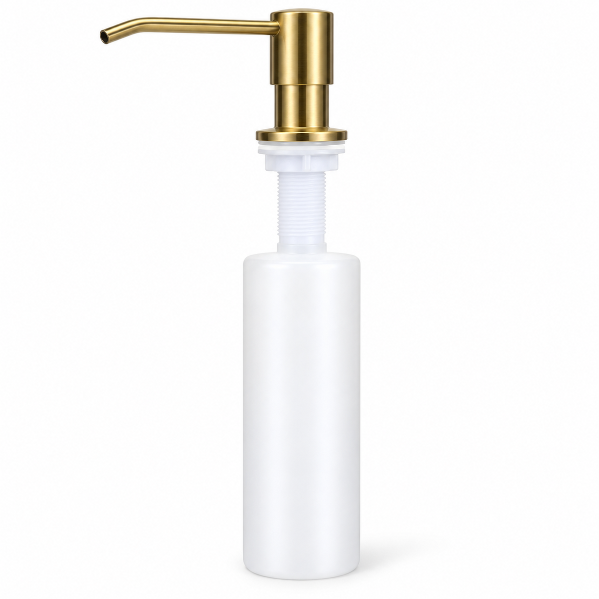Dispensador de jabón oro satinado con depósito blanco, vista de producto