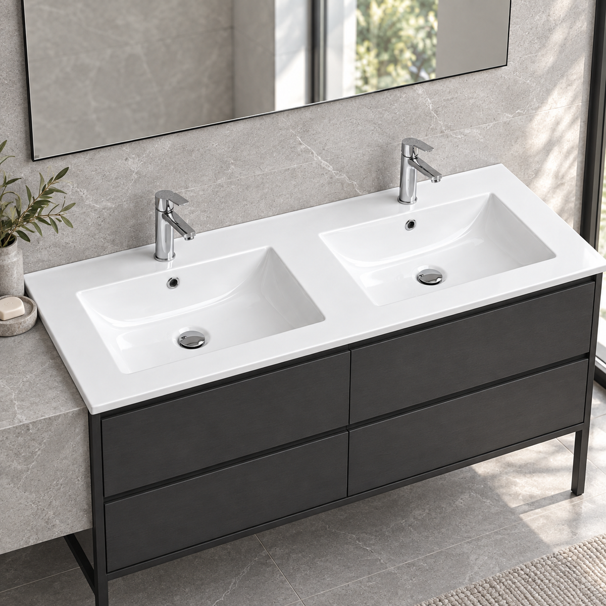 Lavamanos Integrado Doble De Porcelana Blanco 121 X 46 X 17 cm — ambientación