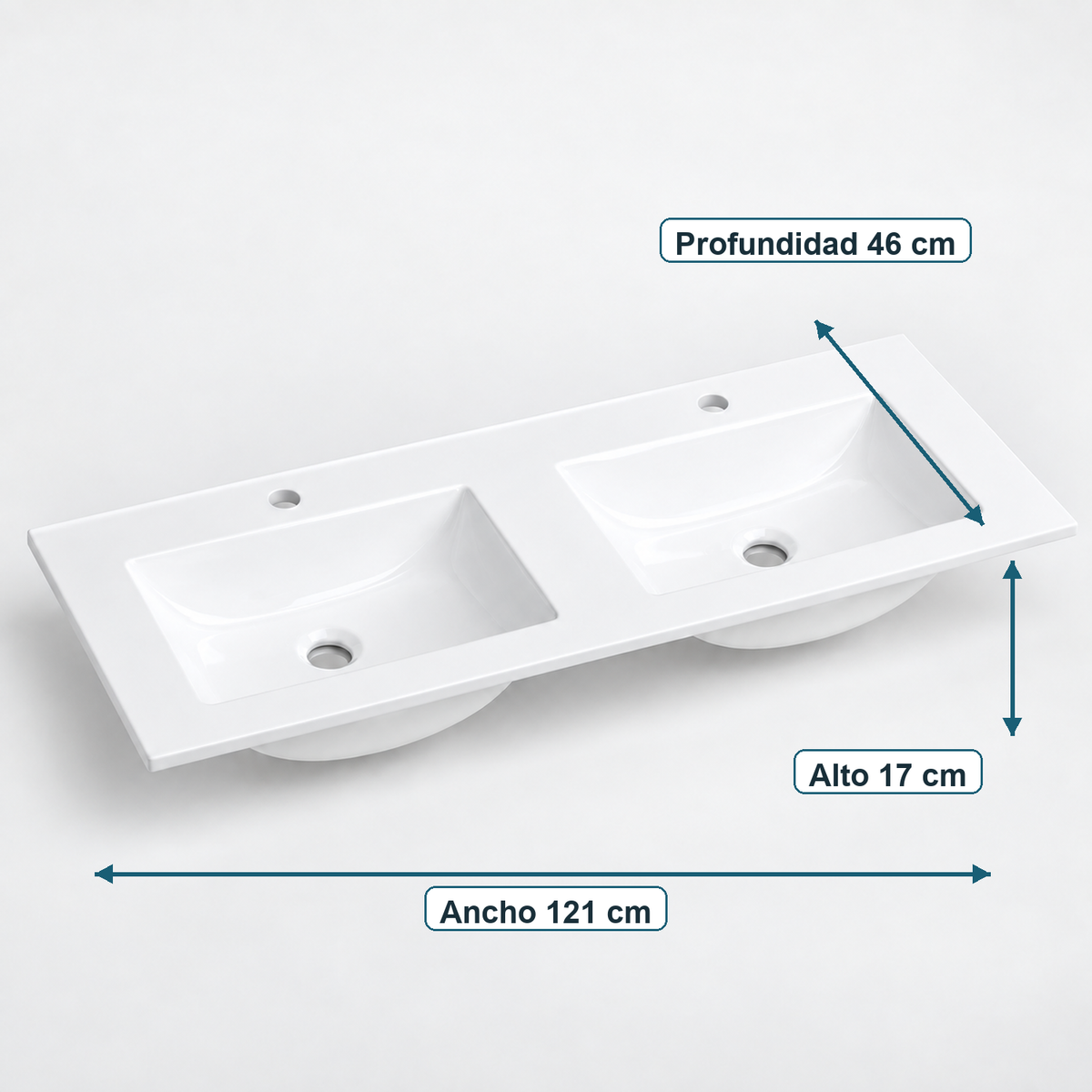 Lavamanos Integrado Doble De Porcelana Blanco 121 X 46 X 17 cm — medidas